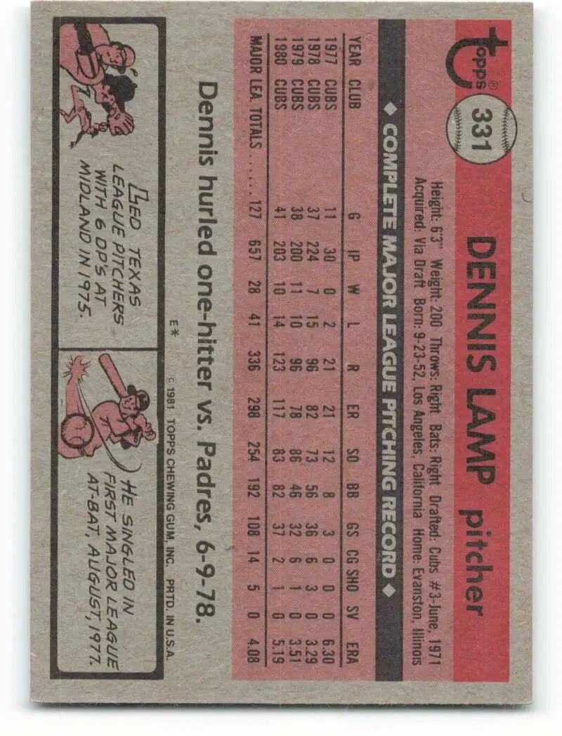 1981 Topps #331 Dennis Lamp EX Excellent Chicago Cubs Baseball Card - Baseball Card Single