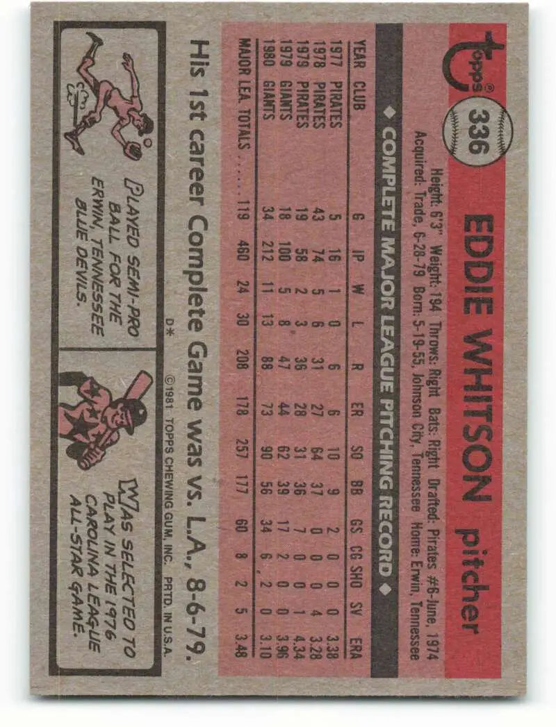 1981 Topps #336 Ed Whitson EX Excellent San Francisco Giants Baseball Card - Baseball Card Single
