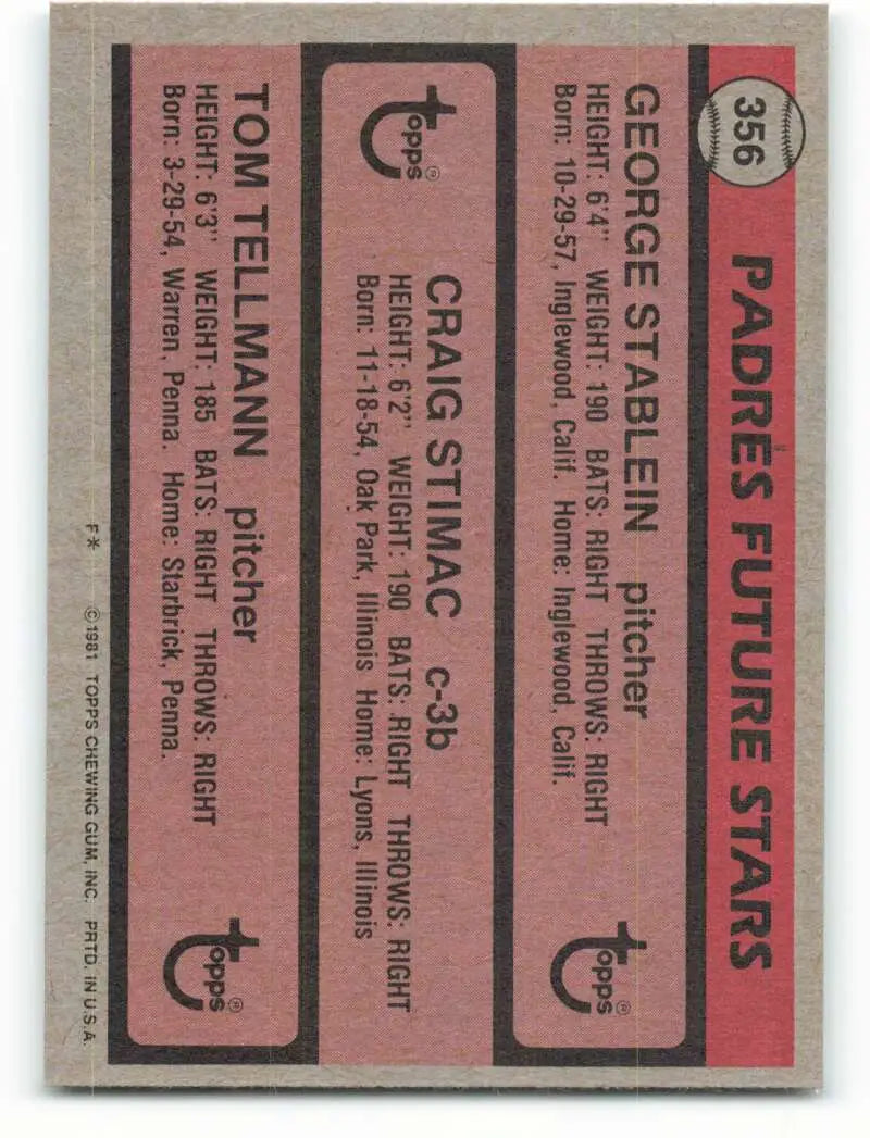 1981 Topps #356 George Stablein/Craig Stimac/Tom Tellmann EX Excellent RC Rookie San Diego Padres Baseball Card