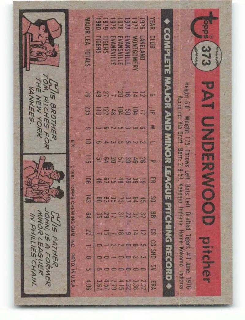 1981 Topps #373 Pat Underwood EX Excellent Detroit Tigers Baseball Card - Baseball Card Single