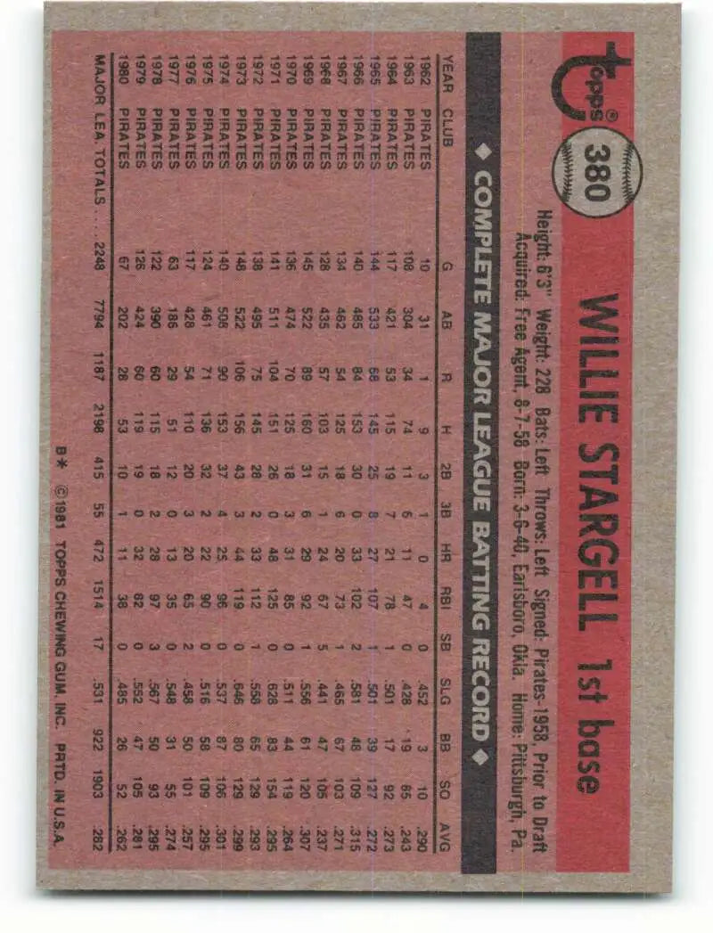 1981 Topps #380 Willie Stargell EX Excellent Pittsburgh Pirates Baseball Card - Baseball Card Single