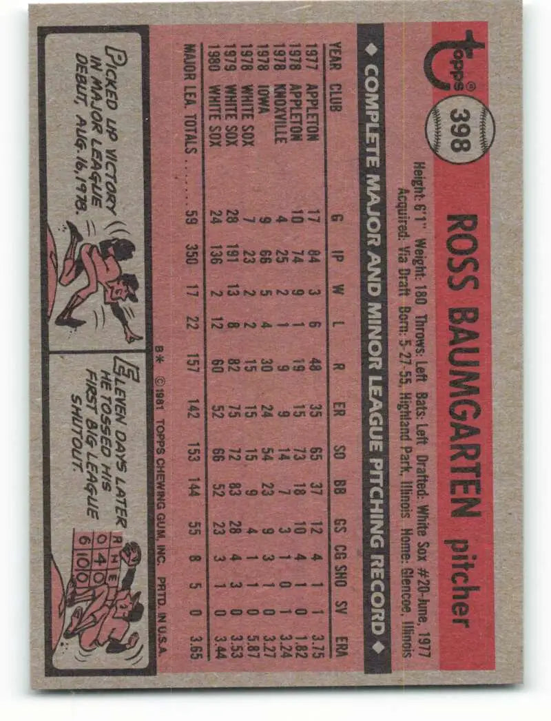 1981 Topps #398 Ross Baumgarten EX Excellent Chicago White Sox Baseball Card - Baseball Card Single