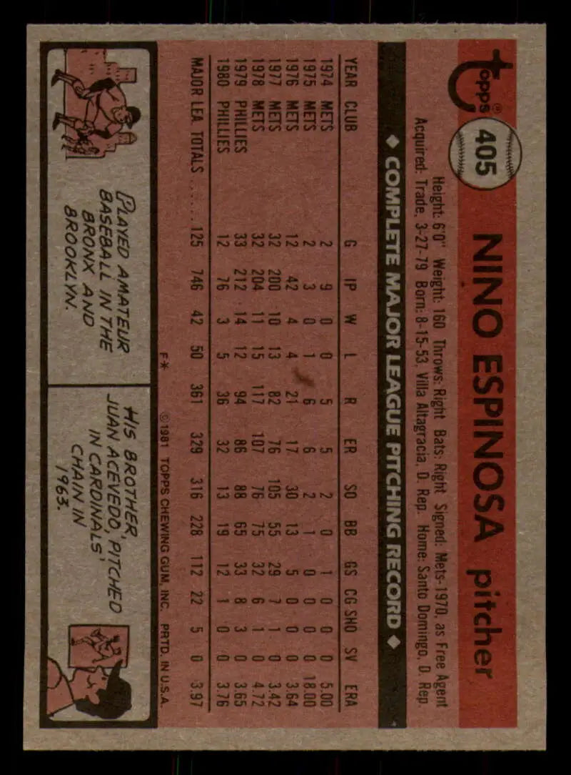 1981 Topps #405 Nino Espinosa EX Excellent Philadelphia Phillies Baseball Card - Baseball Card Single