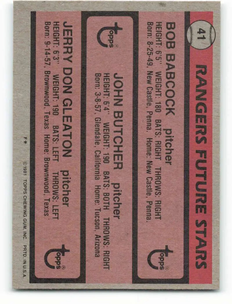 1981 Topps #41 Bob Babcock/John Butcher/Jerry Don Gleaton EX Excellent RC Rookie Texas Rangers Baseball Card - Baseball