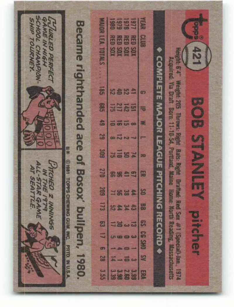 1981 Topps #421 Bob Stanley EX Excellent Boston Red Sox Baseball Card - Baseball Card Single