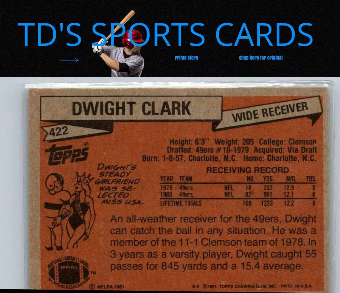 1981 Topps #422 Dwight Clark trading card showcasing the football legend Dwight Clark