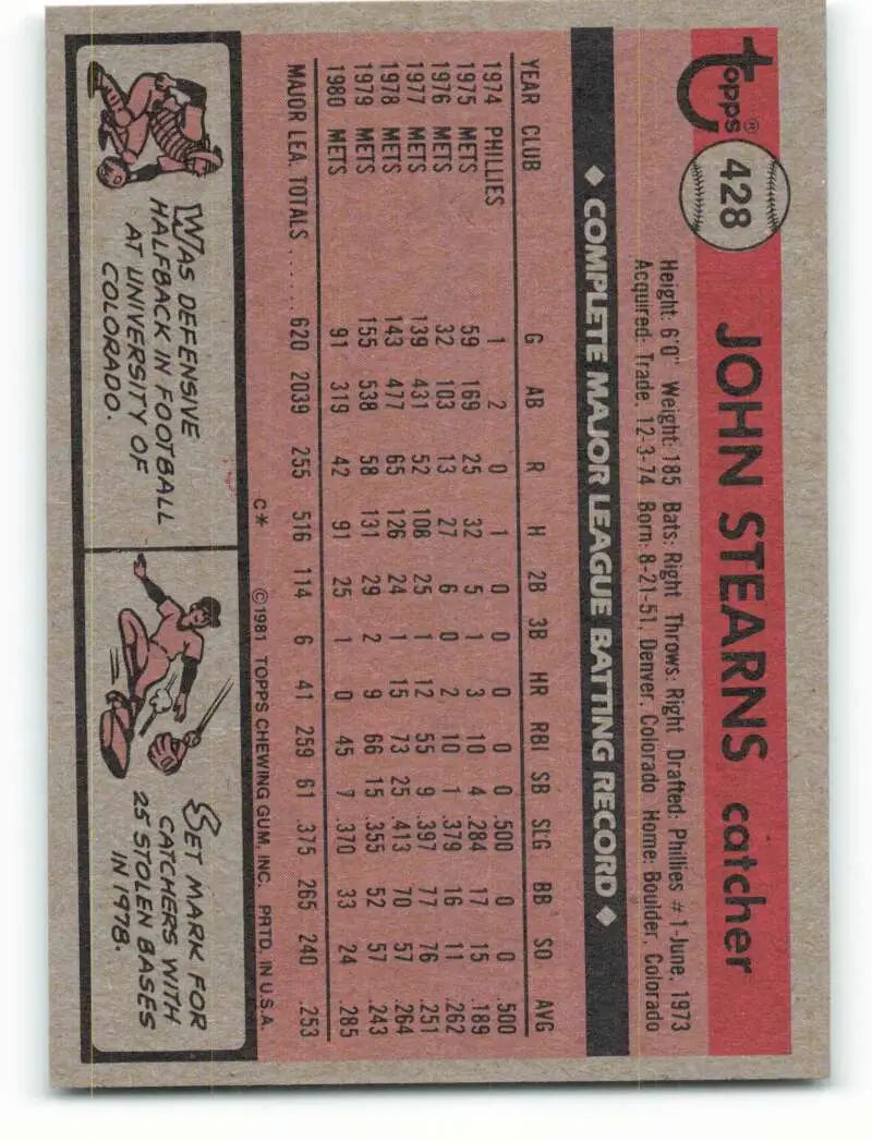 1981 Topps #428 John Stearns EX Excellent New York Mets Baseball Card - Baseball Card Single