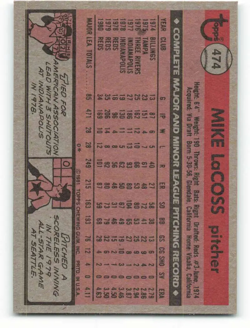 1981 Topps #474 Mike LaCoss EX Excellent Cincinnati Reds Baseball Card - Baseball Card Single