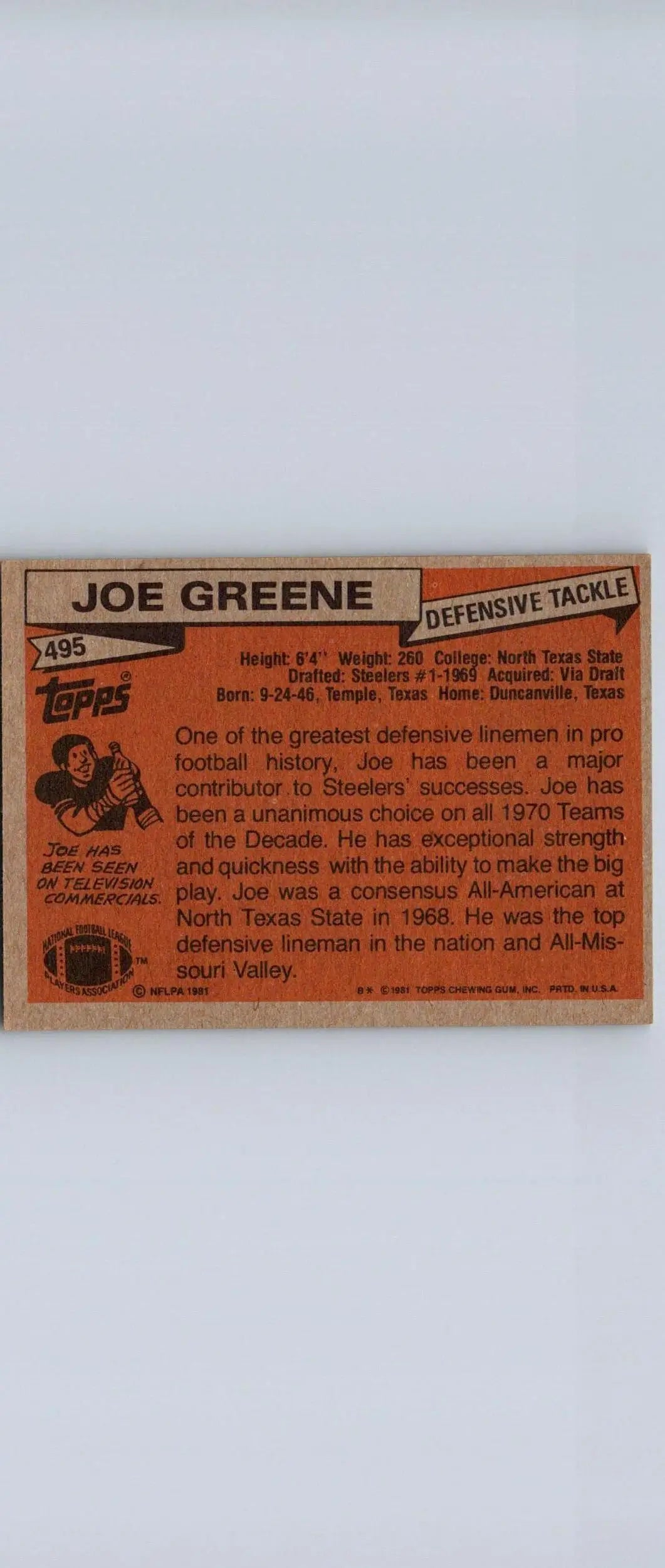 Joe Greene 1981 Topps #495 trading card, a must-have for sports card collectors