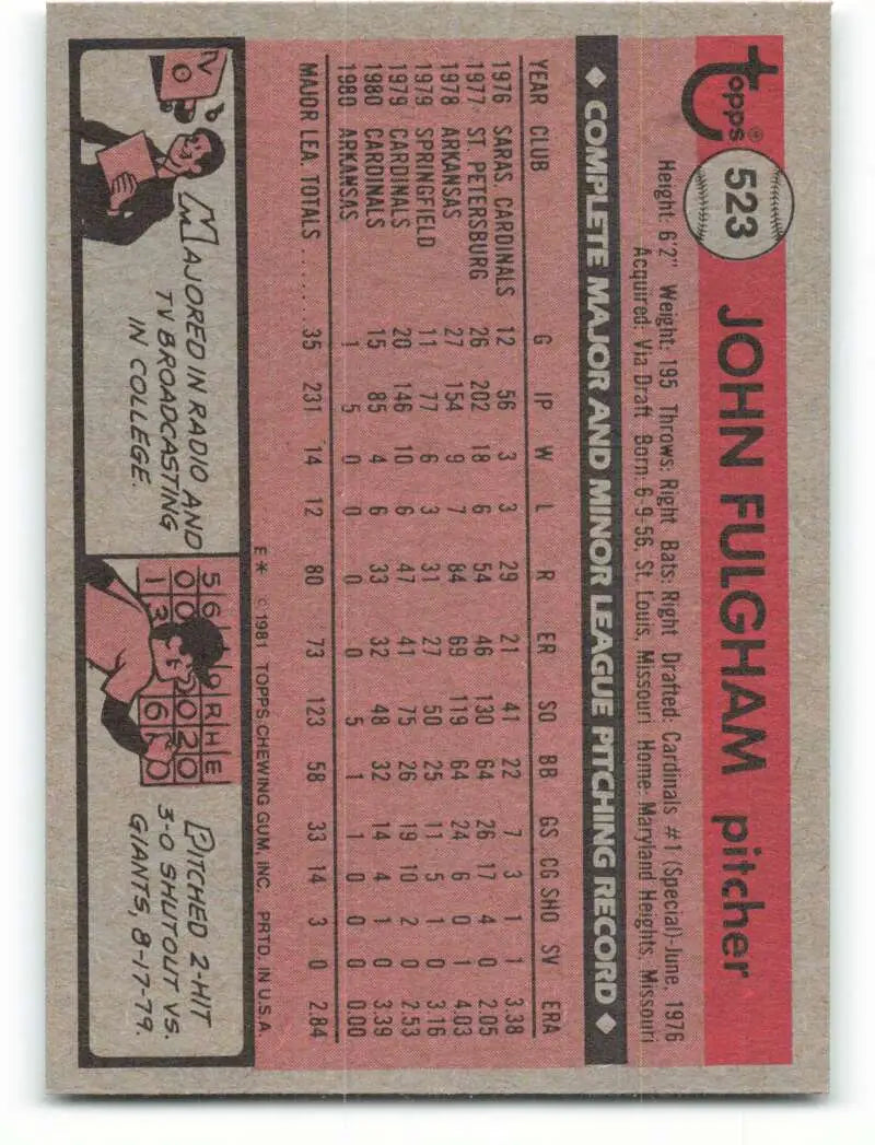 1981 Topps #523 John Fulgham EX Excellent St. Louis Cardinals Baseball Card - Baseball Card Single