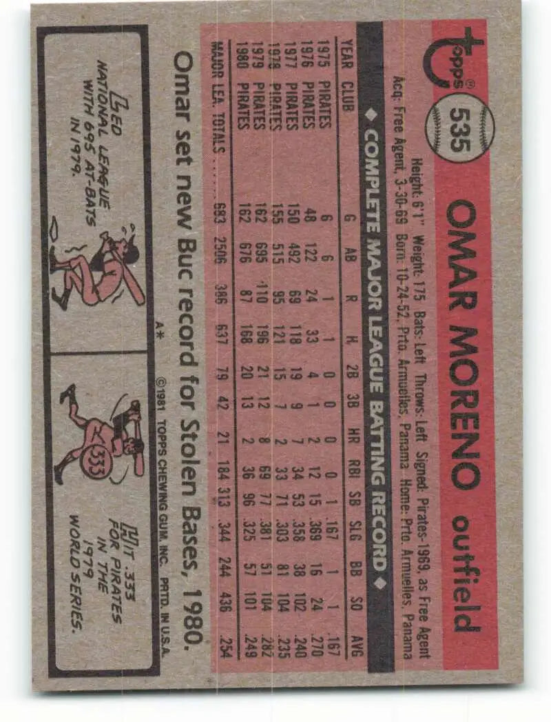 1981 Topps #535 Omar Moreno EX Excellent Pittsburgh Pirates Baseball Card - Baseball Card Single
