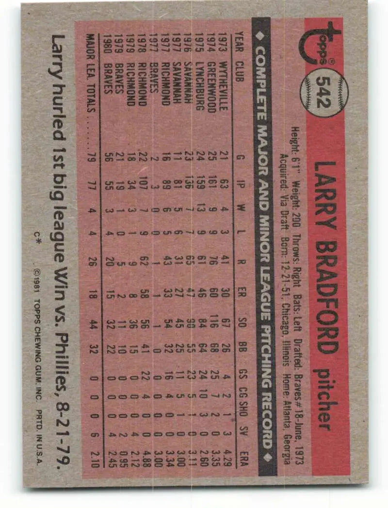 1981 Topps #542 Larry Bradford EX Excellent Atlanta Braves Baseball Card - Baseball Card Single