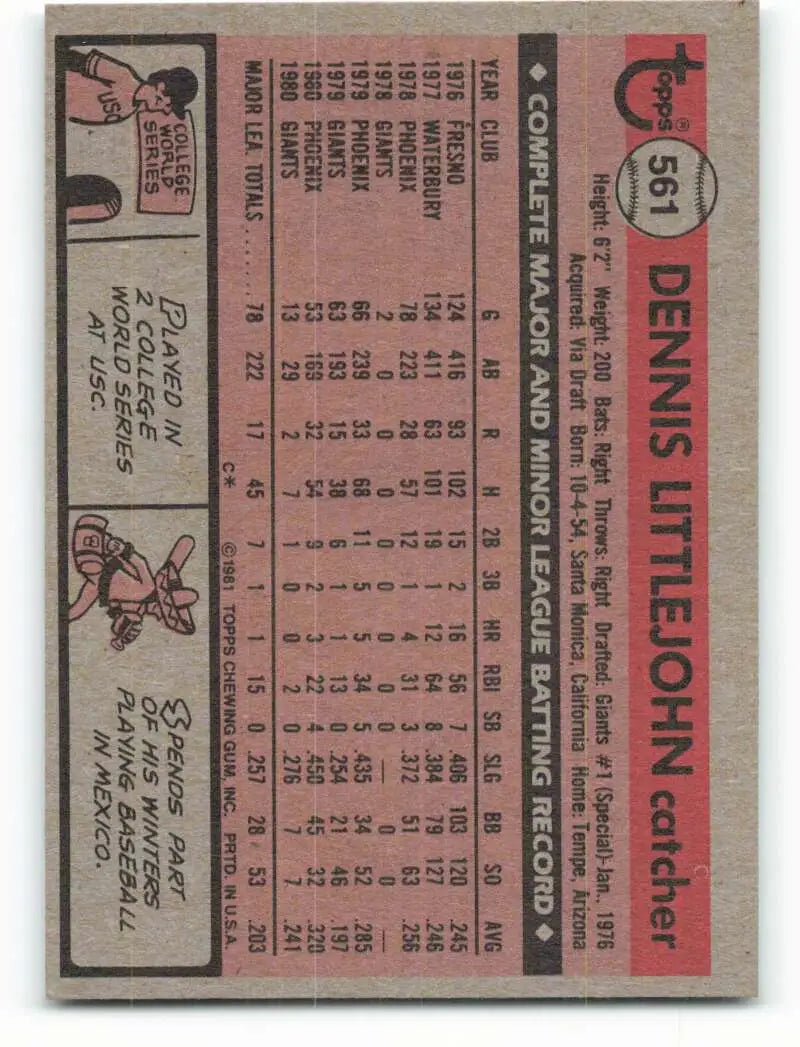 1981 Topps #561 Dennis Littlejohn EX Excellent San Francisco Giants Baseball Card - Baseball Card Single