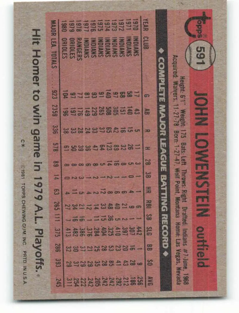 1981 Topps #591 John Lowenstein EX Excellent Baltimore Orioles Baseball Card - Baseball Card Single