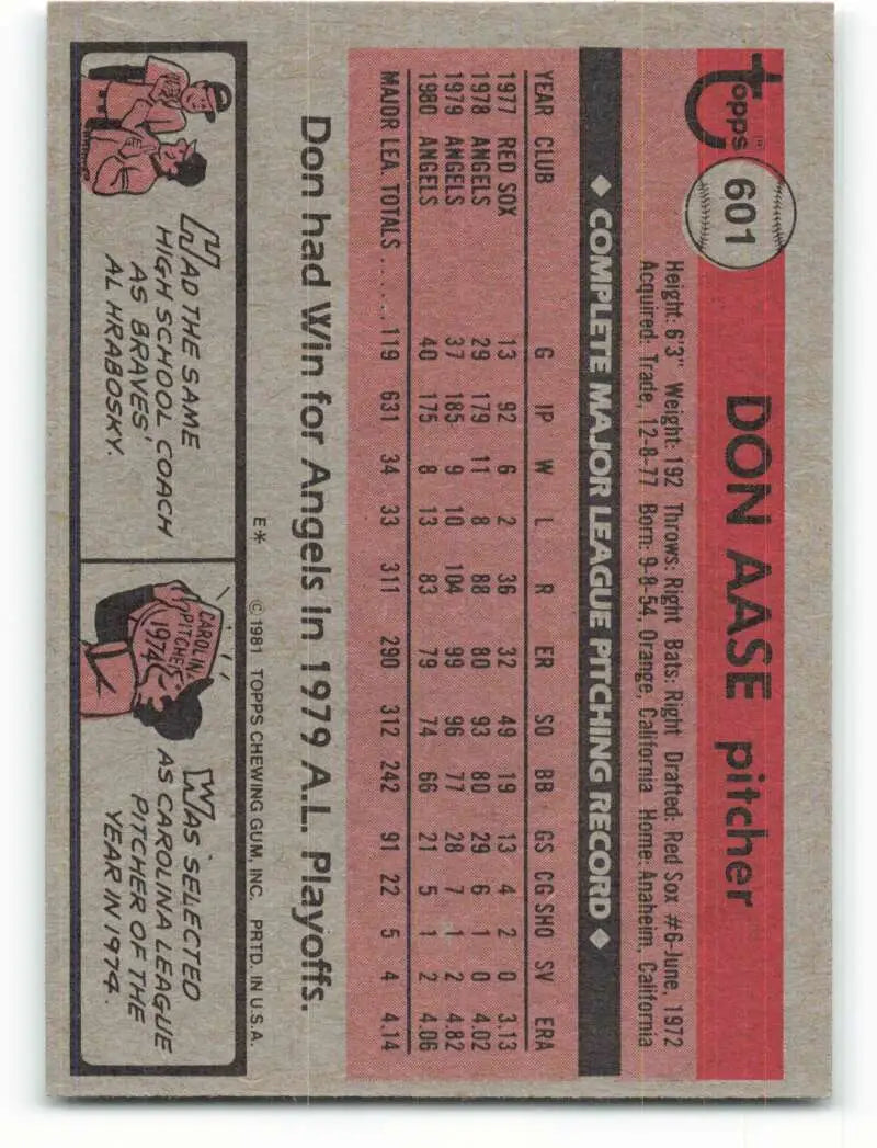 1981 Topps #601 Don Aase EX Excellent California Angels Baseball Card - Baseball Card Single