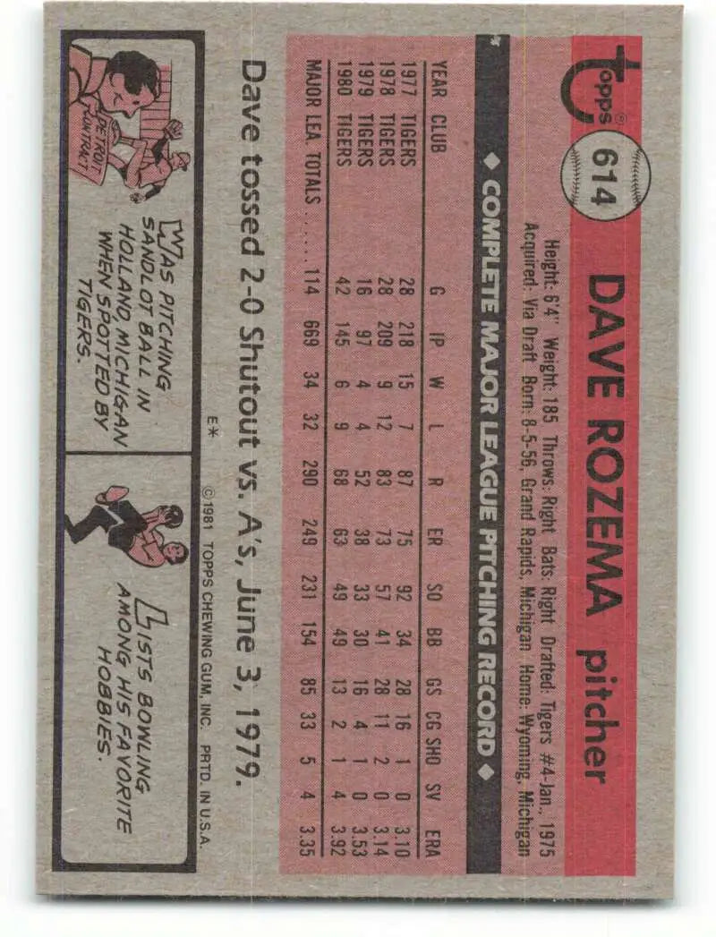 1981 Topps #614 Dave Rozema EX Excellent Detroit Tigers Baseball Card - Baseball Card Single