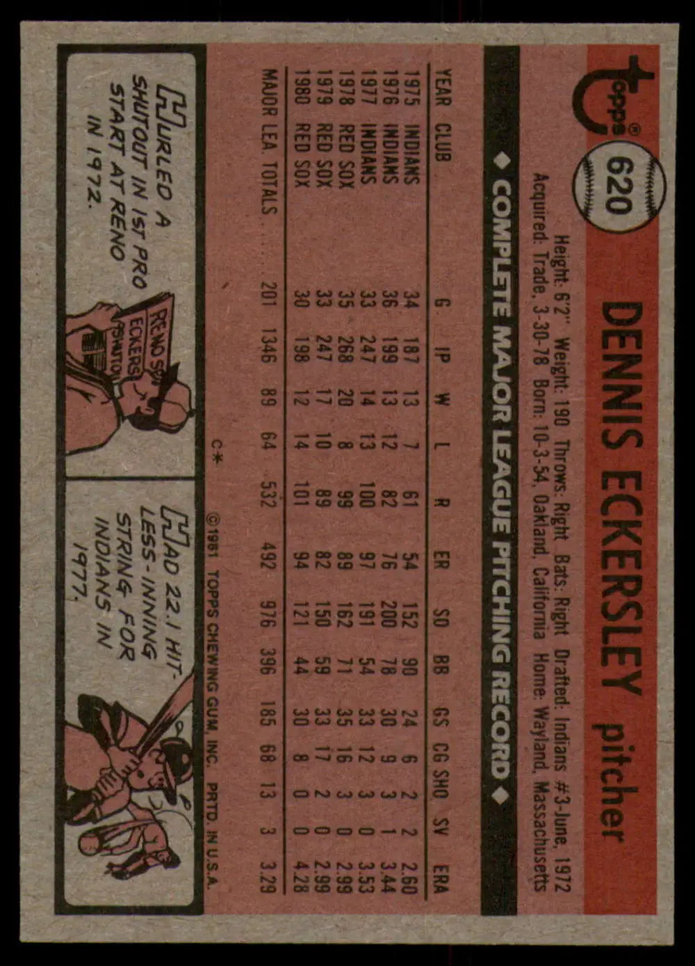 1981 Topps #620 Dennis Eckersley EX Excellent Boston Red Sox Baseball Card - Baseball Card Single