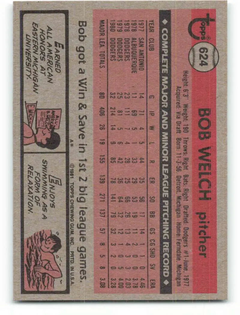 1981 Topps #624 Bob Welch EX Excellent Los Angeles Dodgers Baseball Card - Baseball Card Single