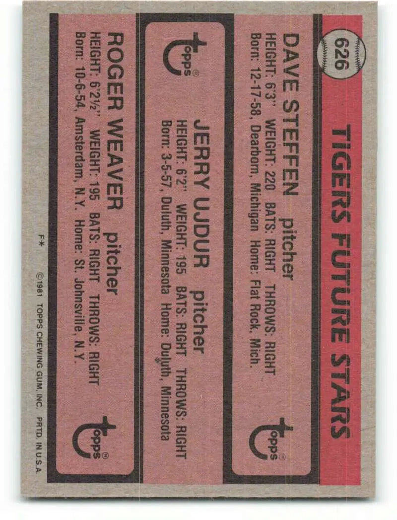 1981 Topps #626 Dave Steffen/Jerry Ujdur/Roger Weaver EX Excellent RC Rookie Detroit Tigers Baseball Card - Baseball