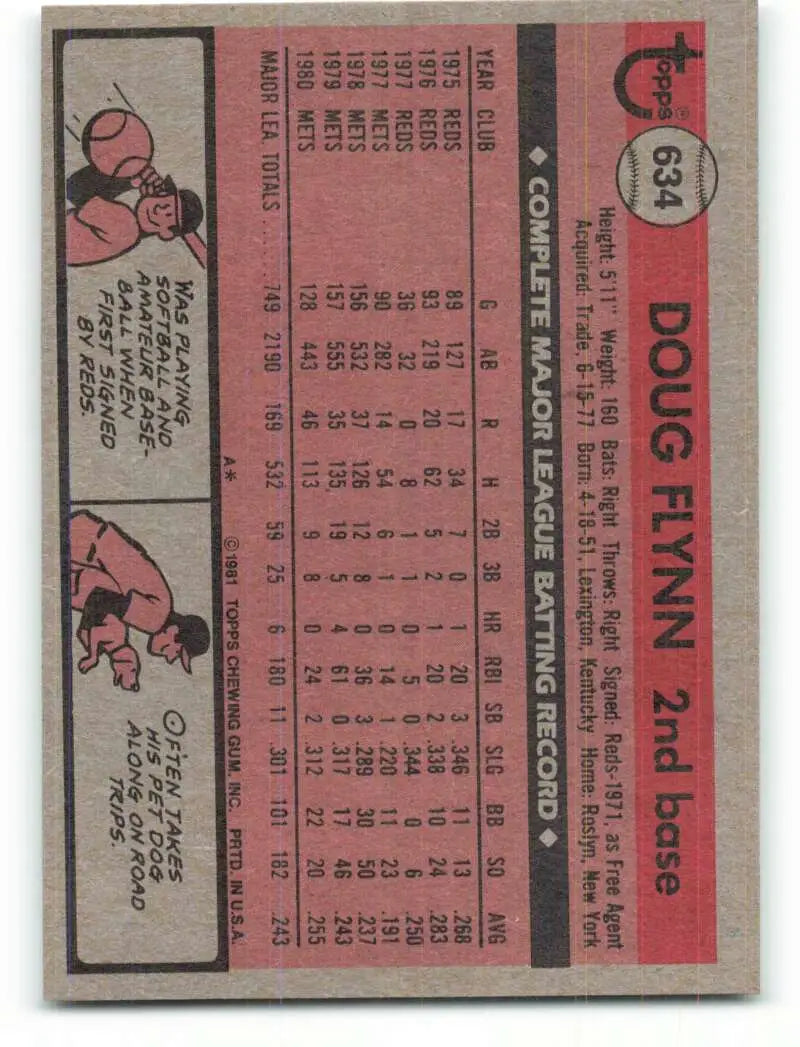 1981 Topps #634 Doug Flynn EX Excellent New York Mets Baseball Card - Baseball Card Single