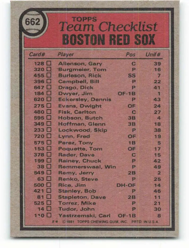 1981 Topps #662 Red Sox Team/Ralph Houk EX Excellent Boston Red Sox Baseball Card - Baseball Card Single