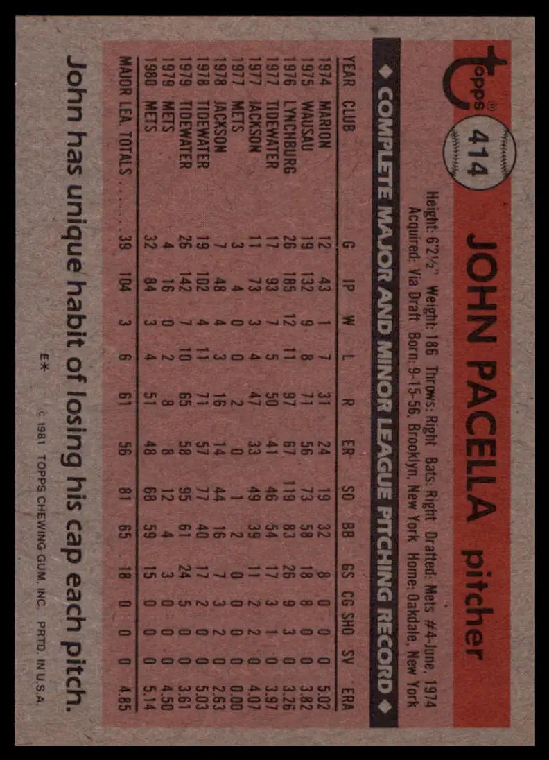 1981 Topps John Pacella RC 414 New York Mets NM - Baseball Card Single