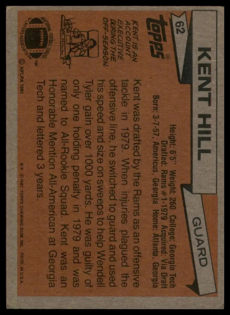1981 Topps Kent Hill #62 Rookie Los Angeles Rams Football Card NFL Sports - Football Card Single
