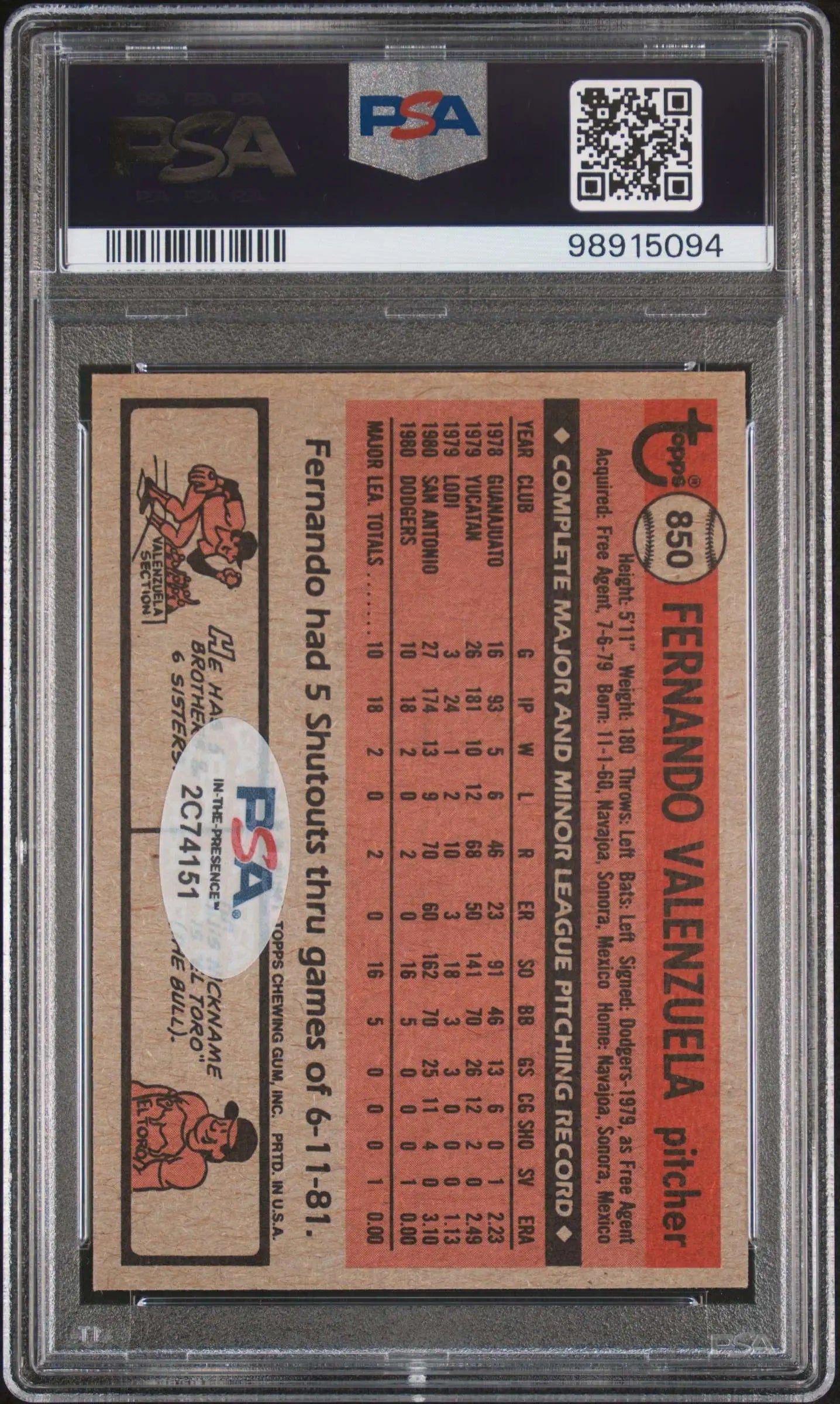 1981 Topps Traded #850 Fernando Valenzuela Rookie Card – PSA 7 / Auto 10 (PSA/DNA), Ultra Rare Dual Grade | POP 7 - Box