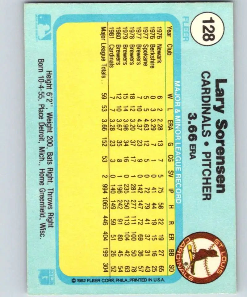 1982 Fleer #128 Lary Sorensen EX Excellent St. Louis Cardinals Baseball Card - Baseball Card Single