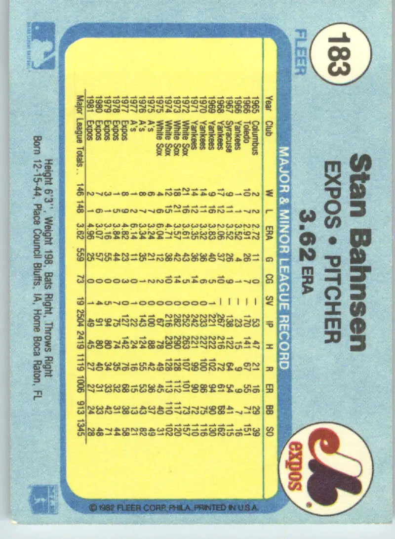1982 Fleer #183 Stan Bahnsen EX Excellent Montreal Expos Baseball Card - Baseball Card Single