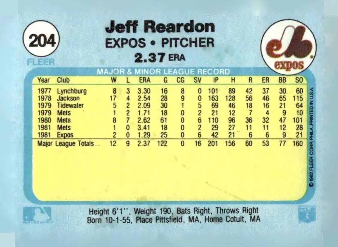 1982 Fleer #204 Jeff Reardon - Baseball Card Single