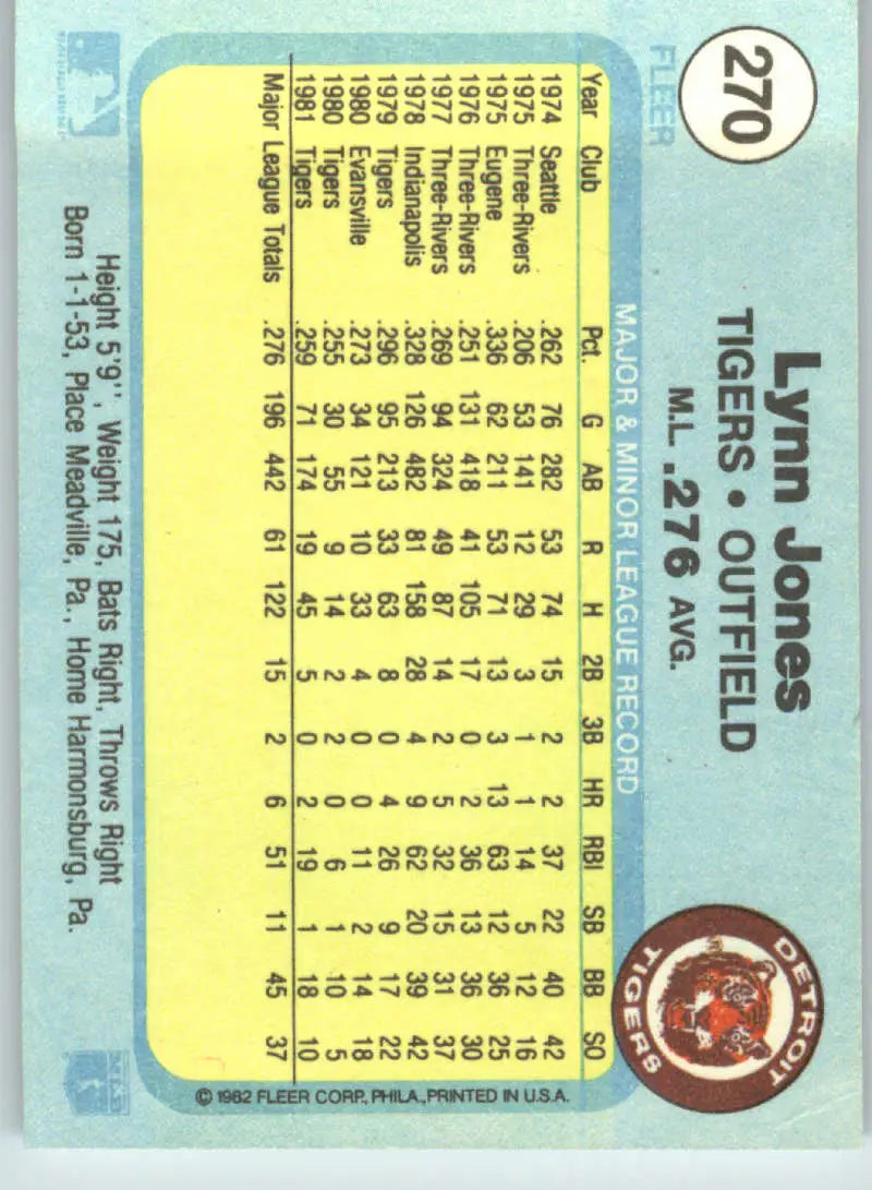 1982 Fleer #270 Lynn Jones EX Excellent Detroit Tigers Baseball Card - Baseball Card Single