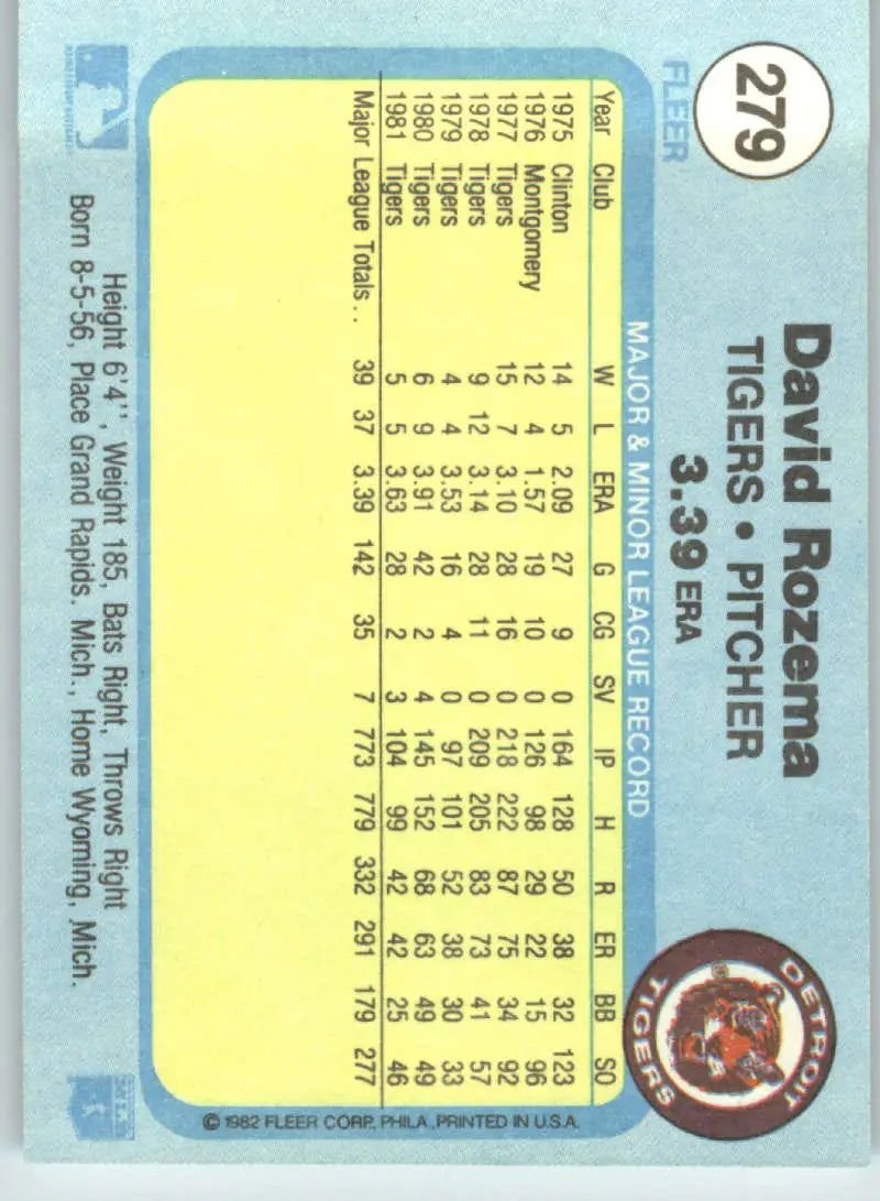 1982 Fleer #279 Dave Rozema EX Excellent Detroit Tigers Baseball Card - Baseball Card Single