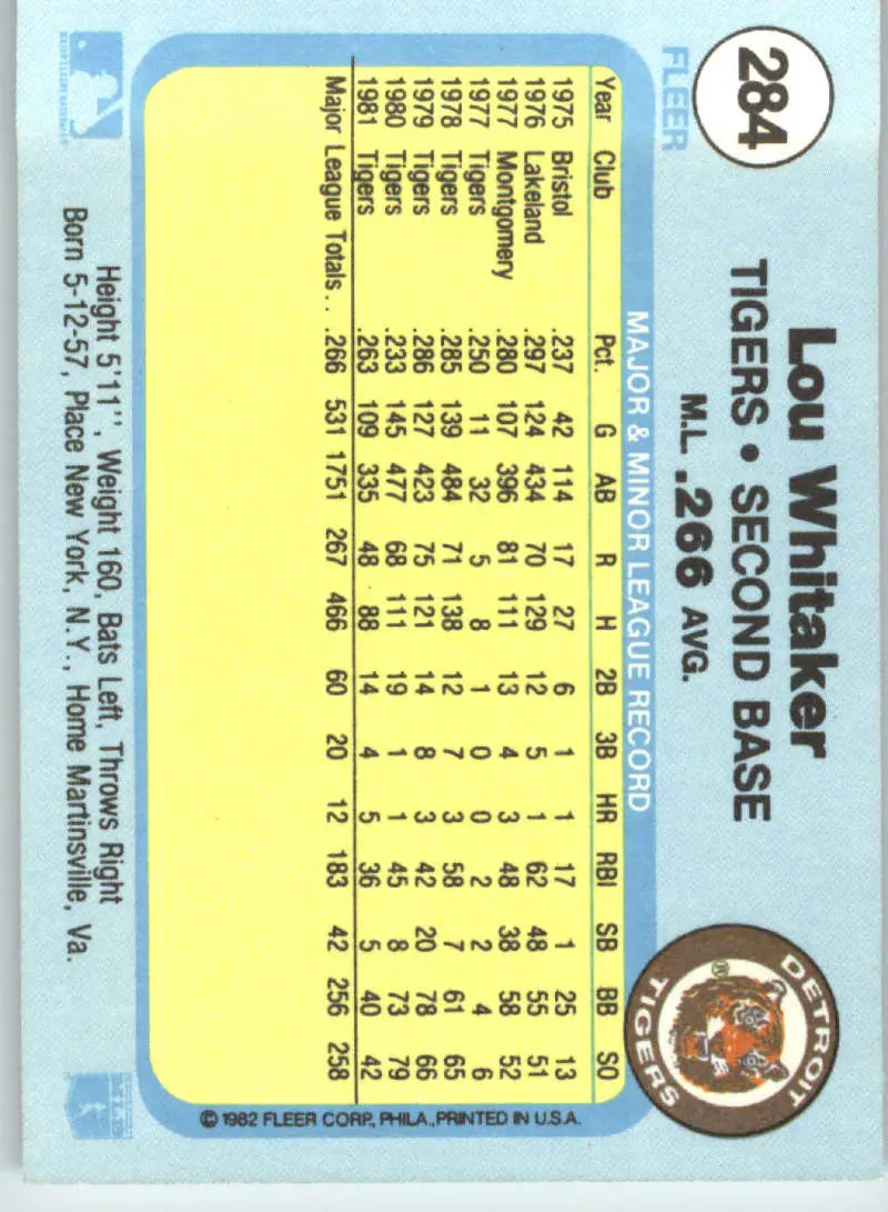 1982 Fleer #284 Lou Whitaker EX Excellent Detroit Tigers Baseball Card - Baseball Card Single