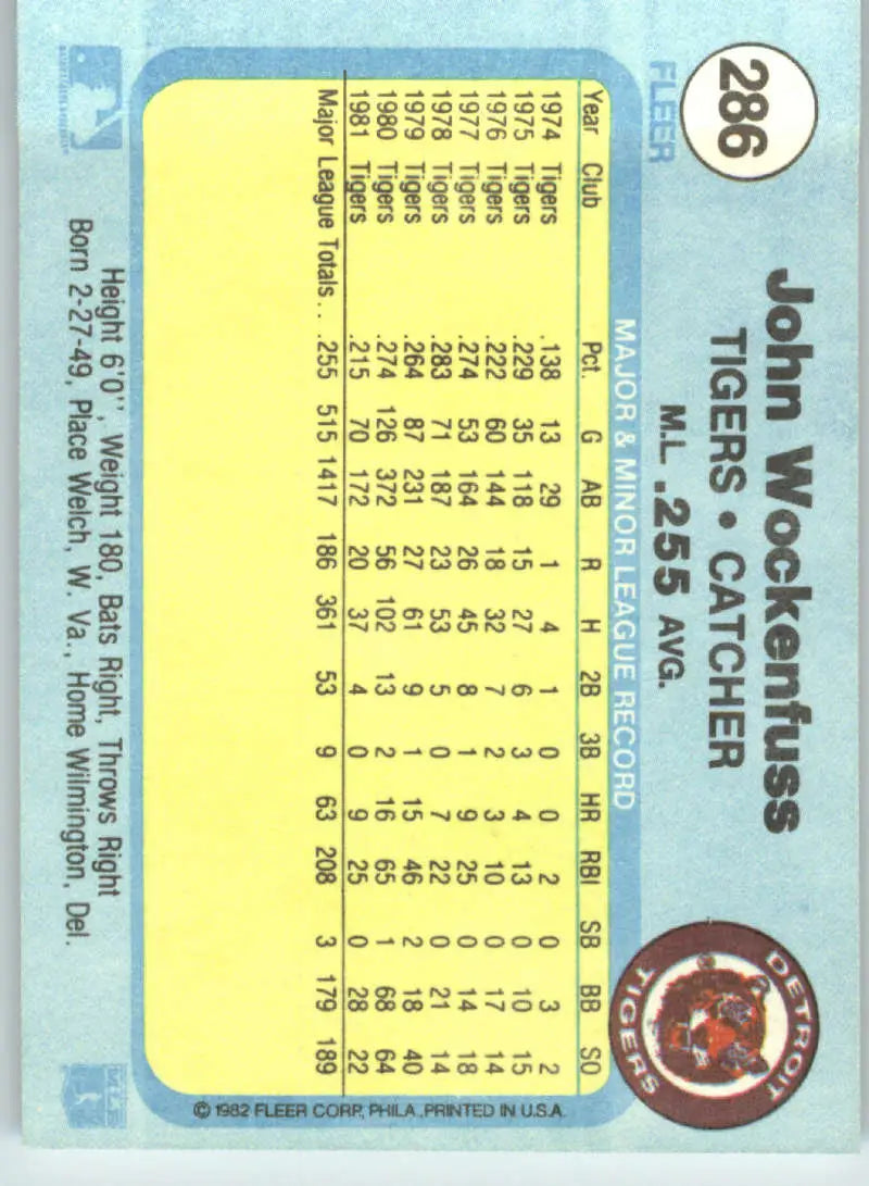 1982 Fleer #286 John Wockenfuss EX Excellent Detroit Tigers Baseball Card - Baseball Card Single