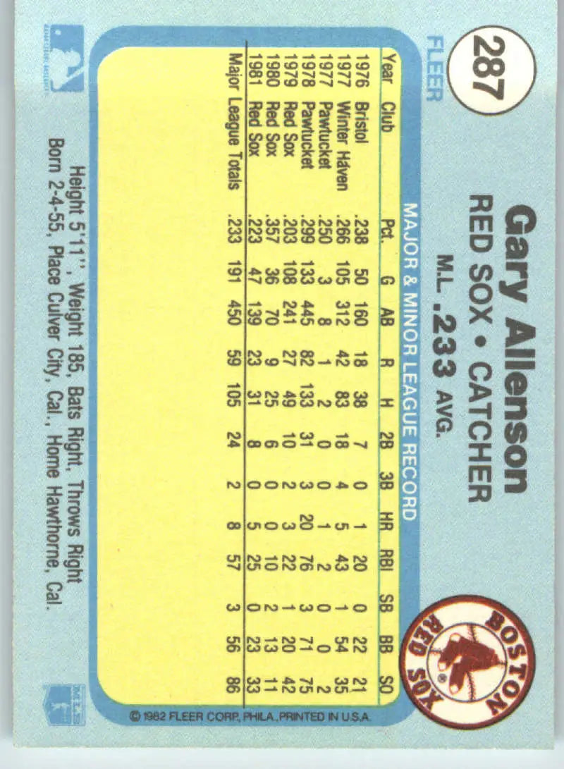 1982 Fleer #287 Gary Allenson EX Excellent Boston Red Sox Baseball Card - Baseball Card Single