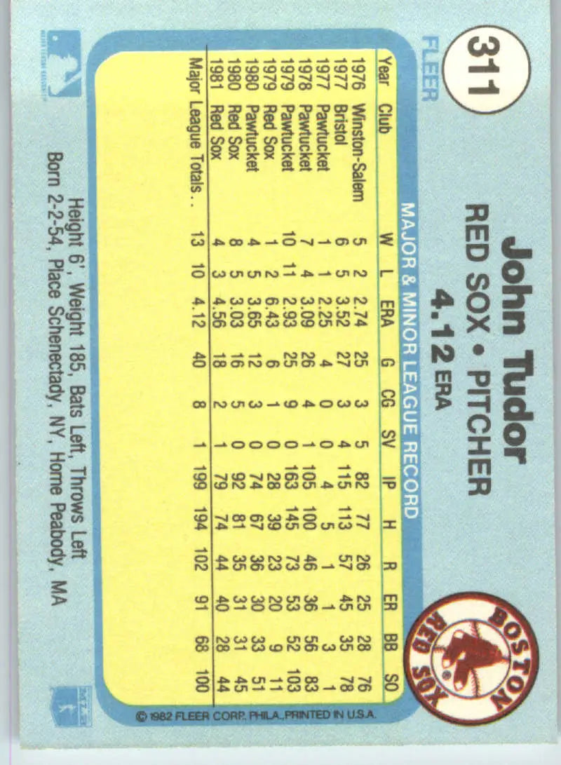 1982 Fleer #311 John Tudor EX Excellent Boston Red Sox Baseball Card - Baseball Card Single