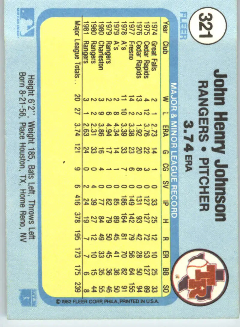 1982 Fleer #321 John Henry Johnson EX Excellent Texas Rangers Baseball Card - Baseball Card Single