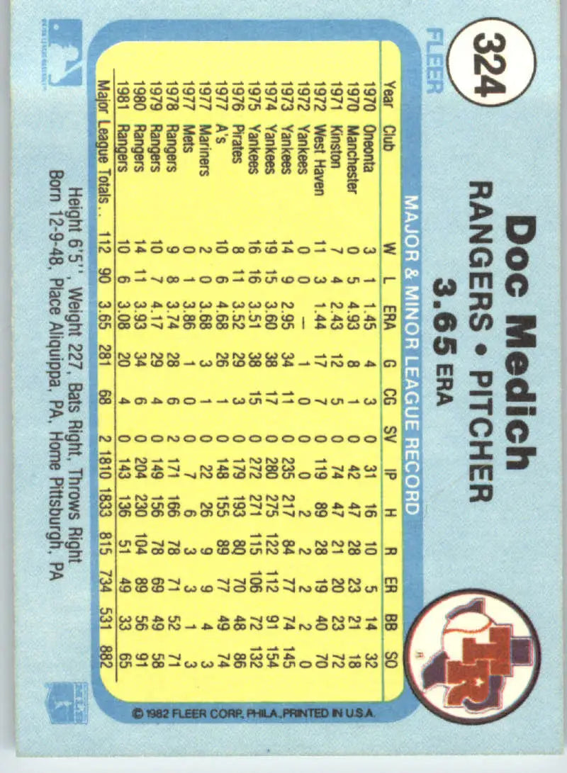 1982 Fleer #324 Doc Medich EX Excellent Texas Rangers Baseball Card - Baseball Card Single