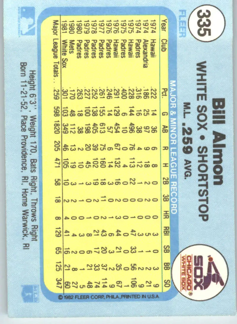 1982 Fleer #335 Bill Almon EX Excellent Chicago White Sox Baseball Card - Baseball Card Single