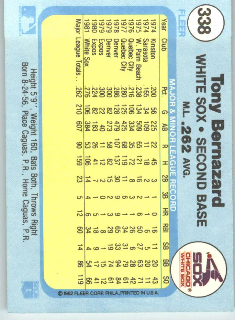 1982 Fleer #338 Tony Bernazard EX Excellent Chicago White Sox Baseball Card - Baseball Card Single