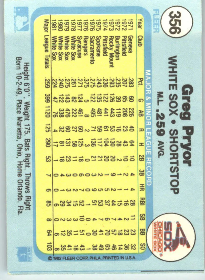 1982 Fleer #356 Greg Pryor EX Excellent Chicago White Sox Baseball Card - Baseball Card Single