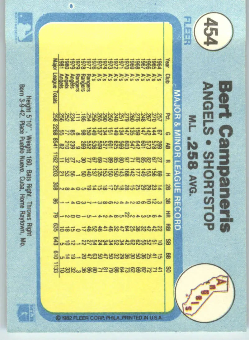 1982 Fleer #454 Bert Campaneris EX Excellent California Angels Baseball Card - Baseball Card Single