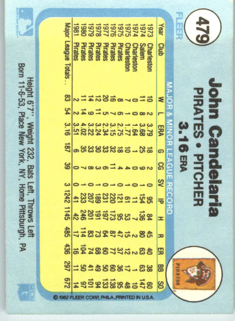 1982 Fleer #479 John Candelaria EX Excellent Pittsburgh Pirates Baseball Card - Baseball Card Single