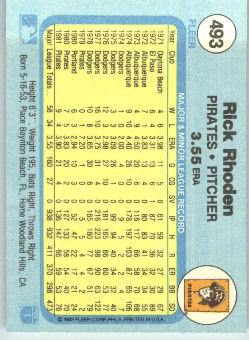 1982 Fleer #493 Rick Rhoden EX Excellent Pittsburgh Pirates Baseball Card - Baseball Card Single