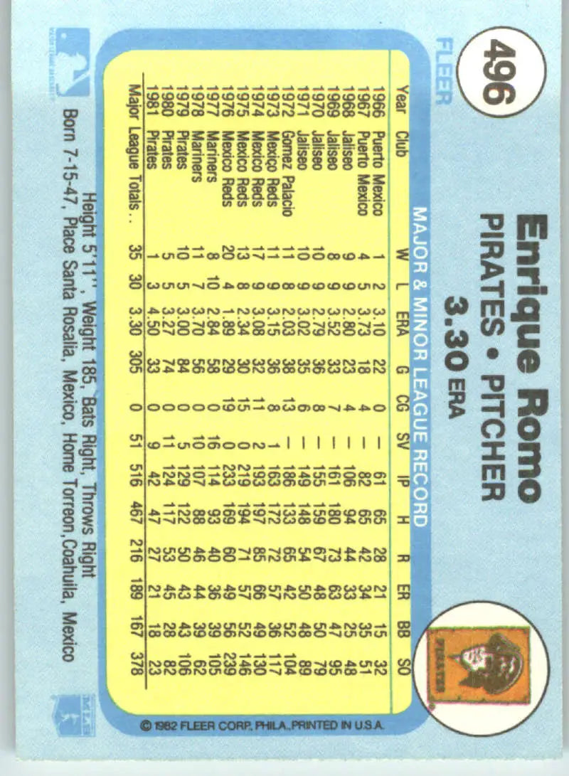 1982 Fleer #496 Enrique Romo EX Excellent Pittsburgh Pirates Baseball Card - Baseball Card Single