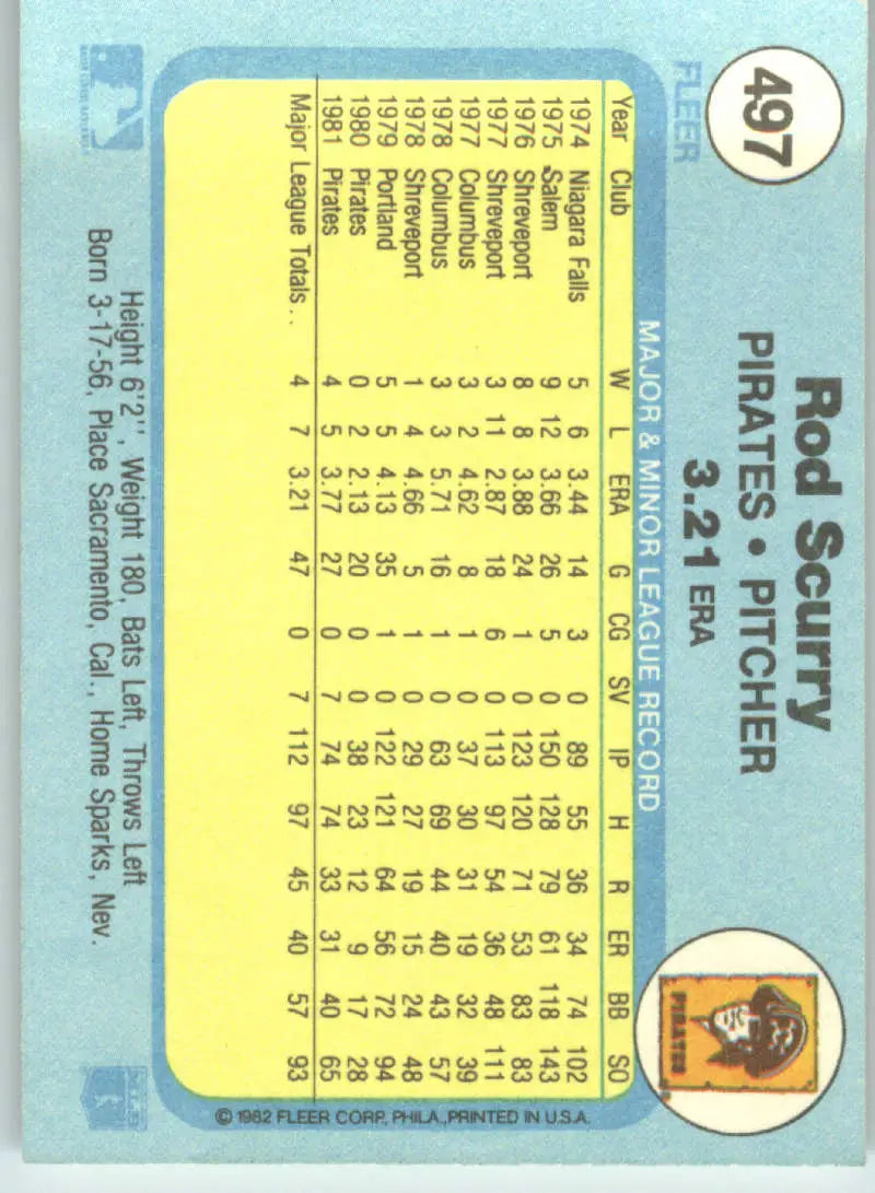 1982 Fleer #497 Rod Scurry EX Excellent Pittsburgh Pirates Baseball Card - Baseball Card Single