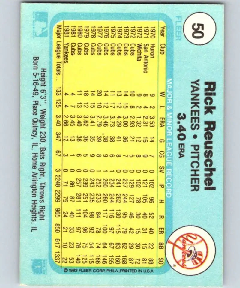 1982 Fleer #50 Rick Reuschel EX Excellent New York Yankees Baseball Card - Baseball Card Single