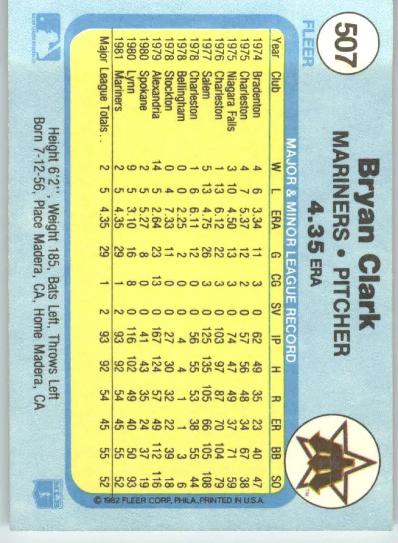 1982 Fleer #507 Bryan Clark EX Excellent RC Rookie Seattle Mariners Baseball Card - Baseball Card Single