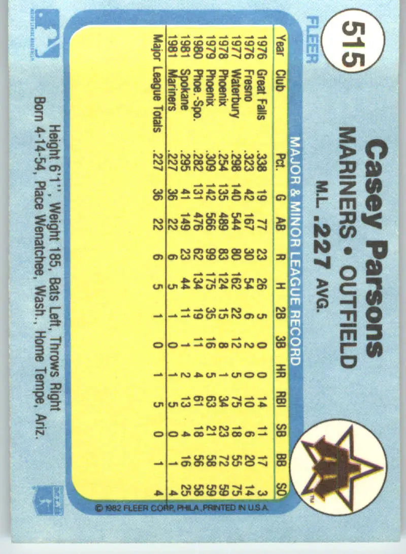 1982 Fleer #515 Casey Parsons EX Excellent Seattle Mariners Baseball Card - Baseball Card Single